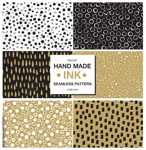 Set of vector seamless pattern. Doodle background, Hand drawn texture. Dry brush ink art. Colorful design. Stylish print. Repeat abstract elements. Sketch style. Black and gold.