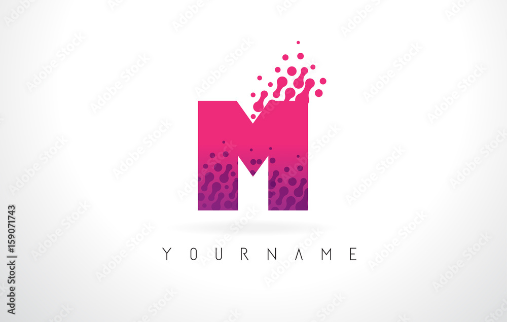 M Letter Logo with Pink Purple Color and Particles Dots Design.