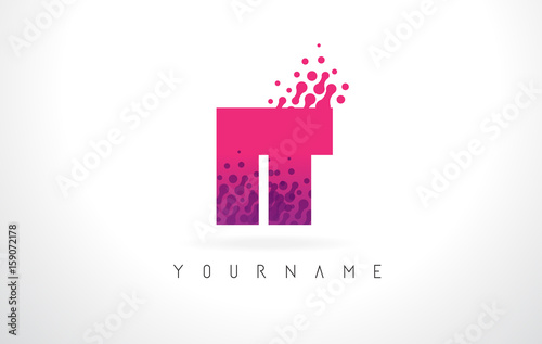 IT I T Letter Logo with Pink Purple Color and Particles Dots Design.
