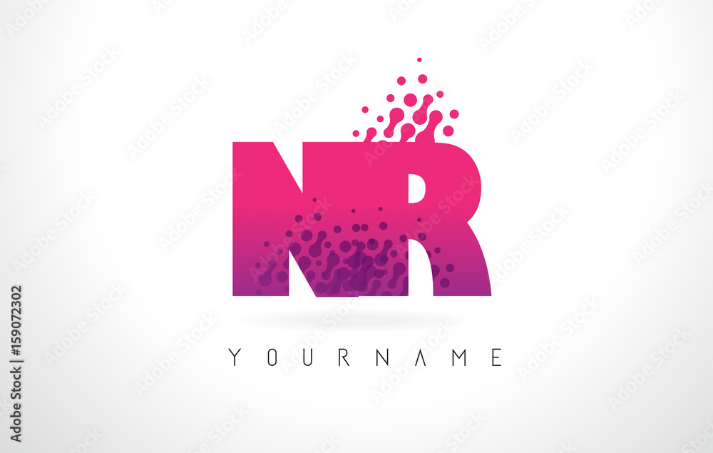 Obraz premium NR N R Letter Logo with Pink Purple Color and Particles Dots Design.