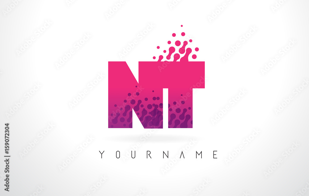 NT N T Letter Logo with Pink Purple Color and Particles Dots Design.