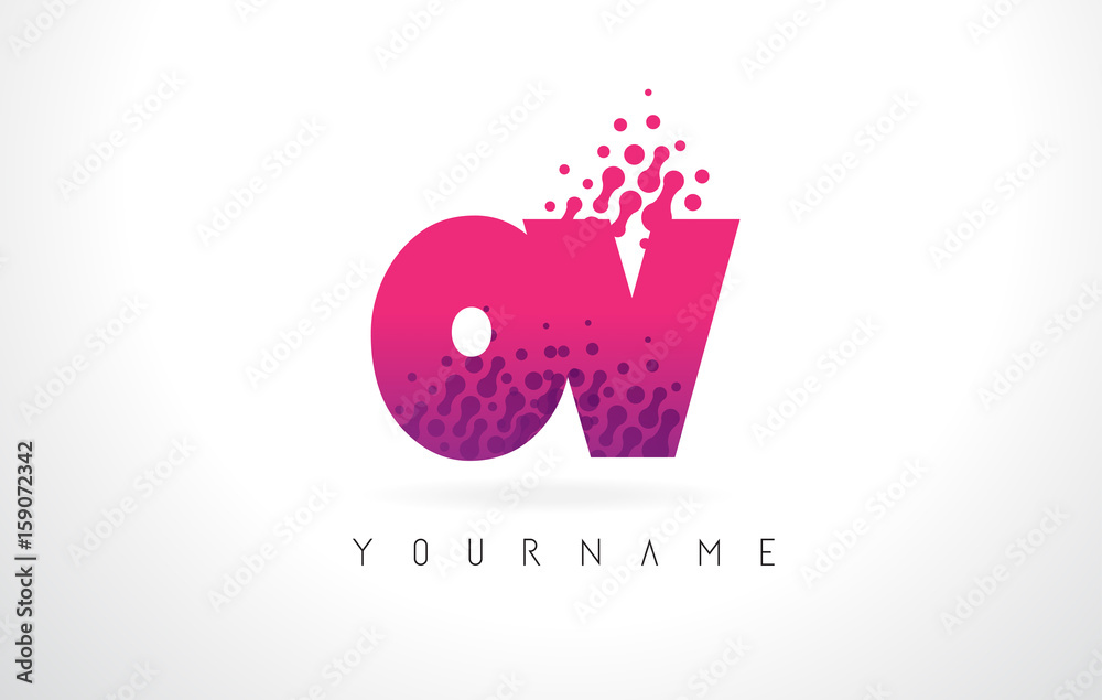 Fototapeta premium OV O V Letter Logo with Pink Purple Color and Particles Dots Design.