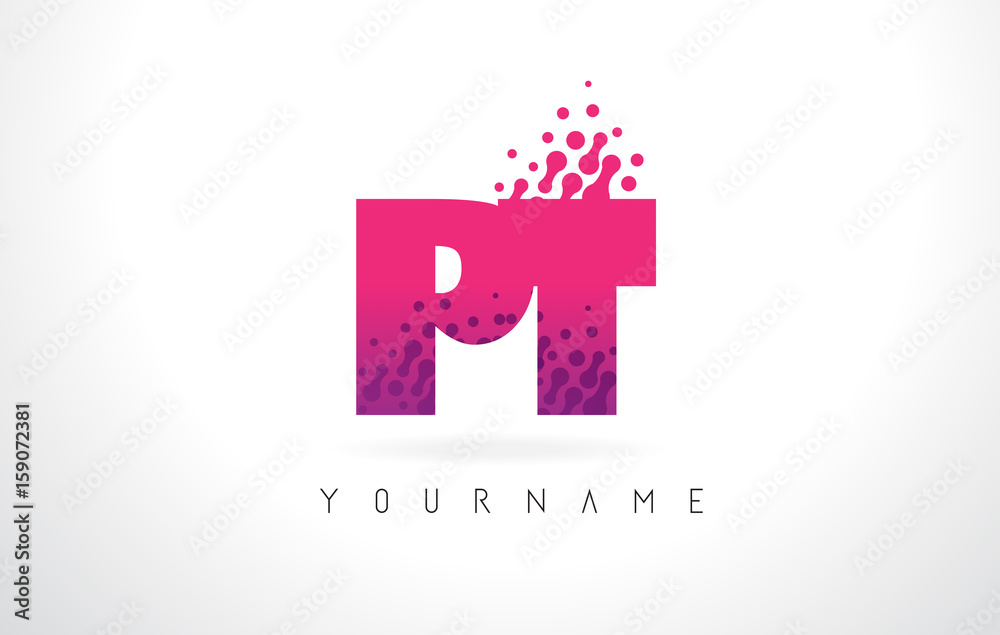 PT P T Letter Logo with Pink Purple Color and Particles Dots Design.