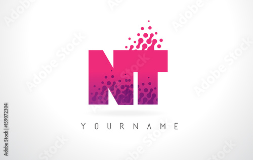 NT N T Letter Logo with Pink Purple Color and Particles Dots Design.