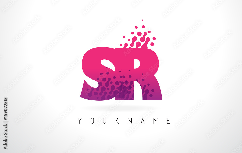 SR S R Letter Logo with Pink Purple Color and Particles Dots Design. SR S R Letter Logo with Pink Purple Color and Particles Dots Design.