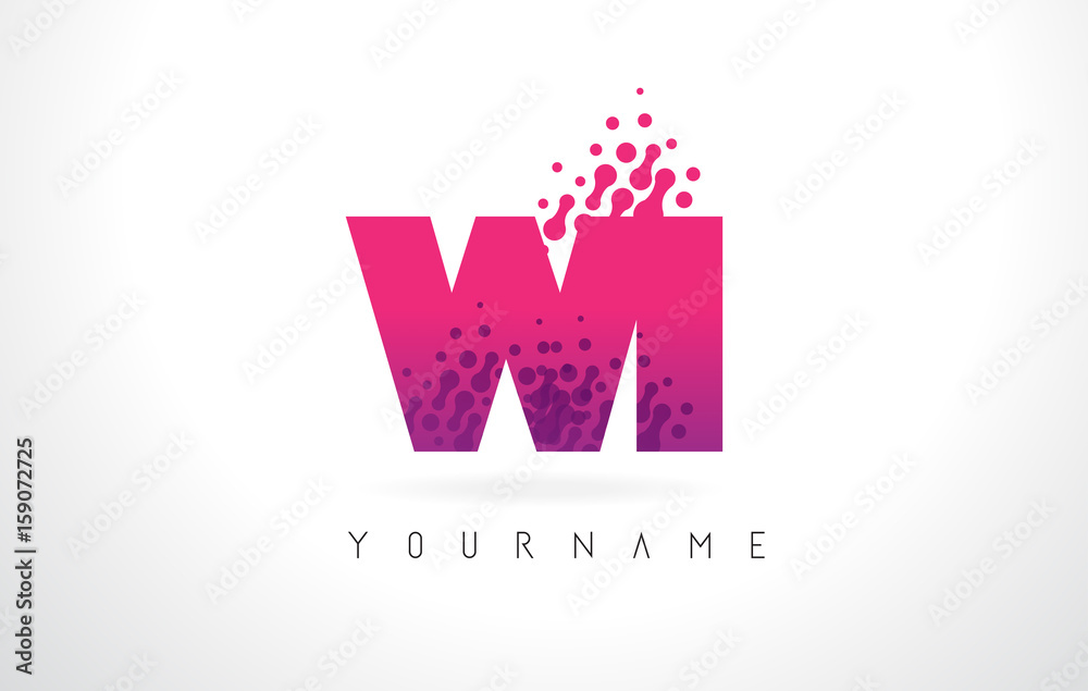 WI W I Letter Logo with Pink Purple Color and Particles Dots Design.