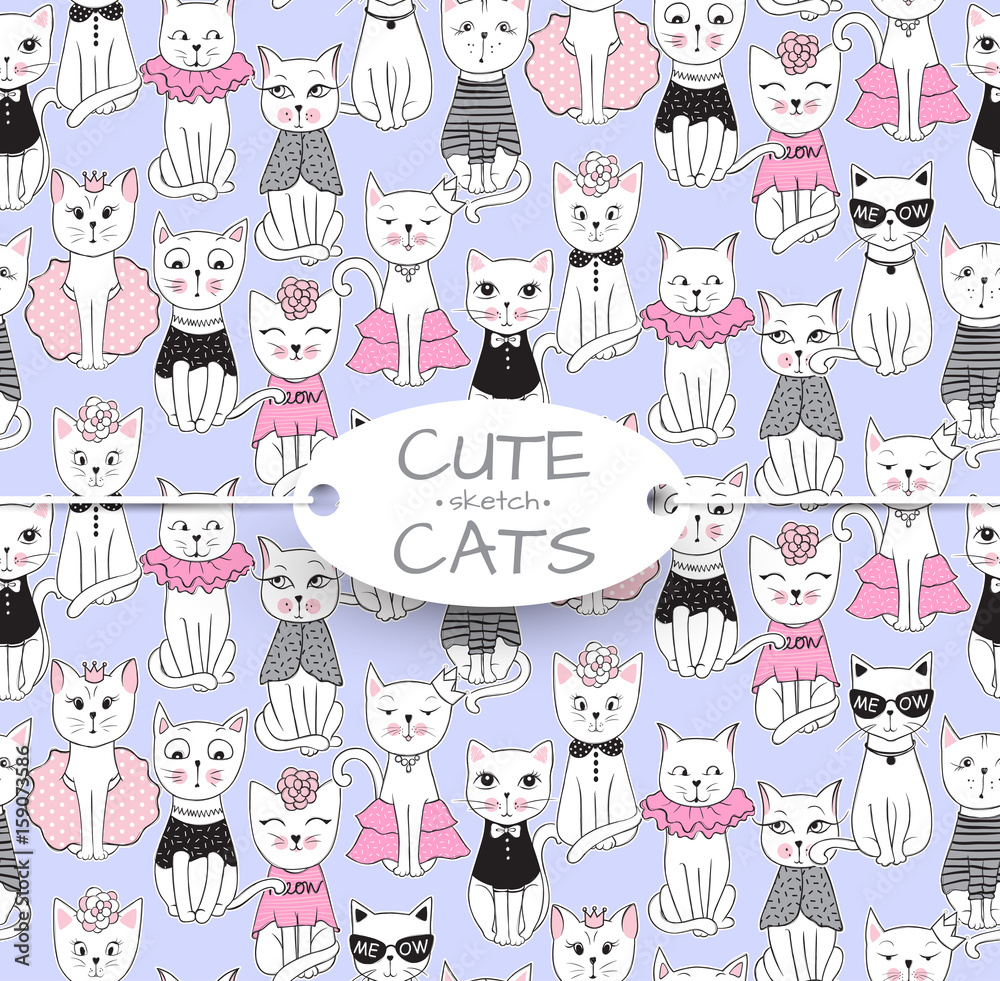 Vector funny cat seamless pattern. Cute kitten hand drawn illustration. Stylish cartoon animals background. Ideal for fabric, wallpaper, wrapping paper, textile, bedding, t-shirt print.