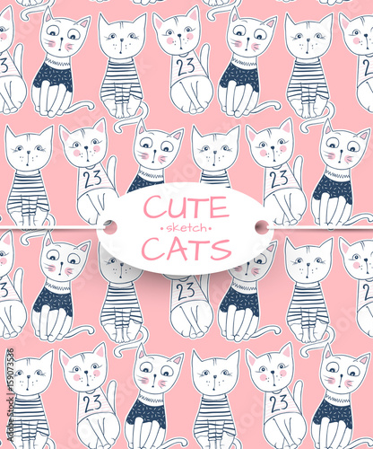 Vector funny cat seamless pattern. Cute kitten hand drawn illustration. Stylish cartoon animals background. Ideal for fabric, wallpaper, wrapping paper, textile, bedding, t-shirt print.