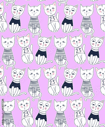 Vector funny cat seamless pattern. Cute kitten hand drawn illustration. Stylish cartoon animals background. Ideal for fabric, wallpaper, wrapping paper, textile, bedding, t-shirt print.