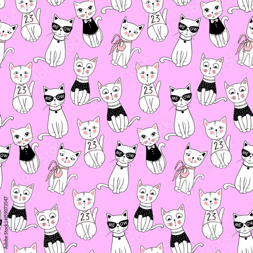 Vector funny cat seamless pattern. Cute kitten hand drawn illustration. Stylish cartoon animals background. Ideal for fabric, wallpaper, wrapping paper, textile, bedding, t-shirt print.