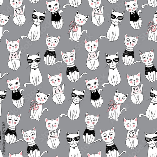 Vector funny cat seamless pattern. Cute kitten hand drawn illustration. Stylish cartoon animals background. Ideal for fabric, wallpaper, wrapping paper, textile, bedding, t-shirt print.