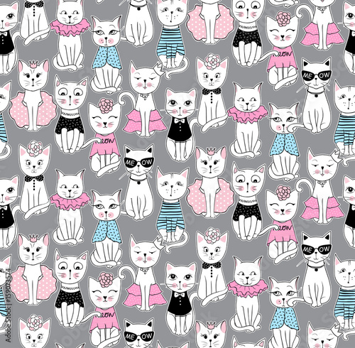 Vector funny cat seamless pattern. Cute kitten hand drawn illustration. Stylish cartoon animals background. Ideal for fabric, wallpaper, wrapping paper, textile, bedding, t-shirt print.