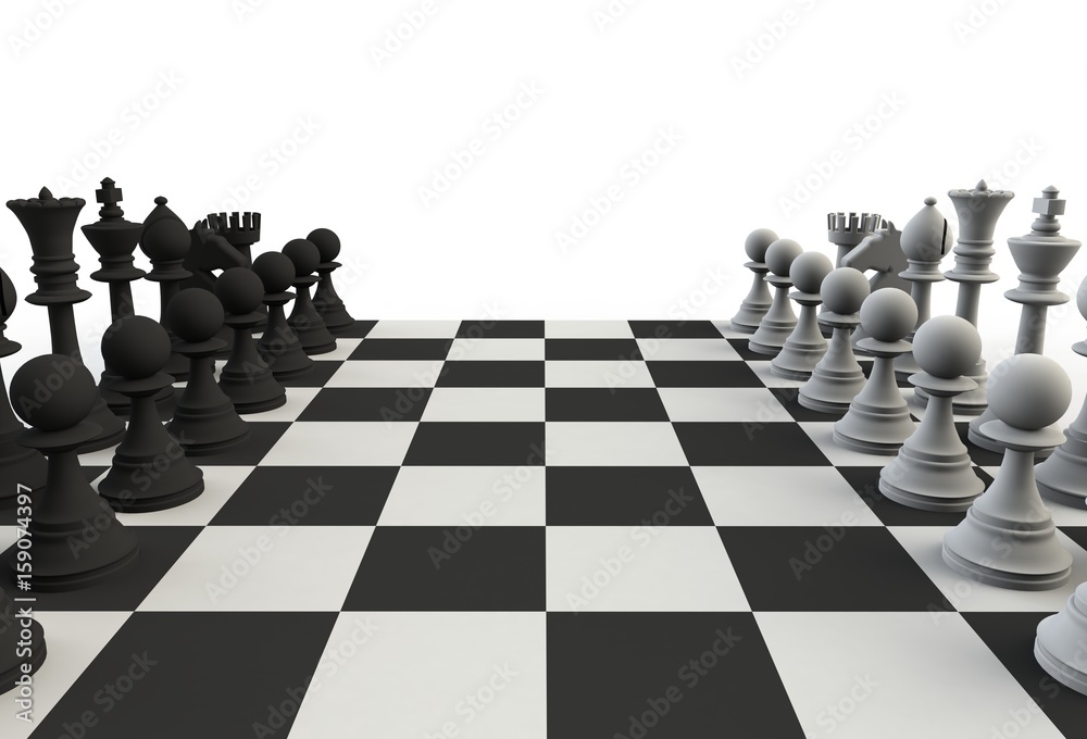 Set of chess figures on the playing board on white background, 3D rendering