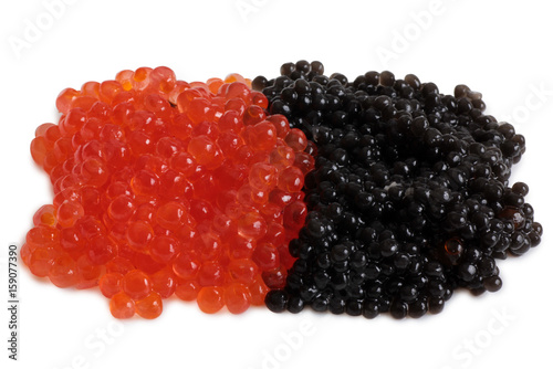 Red and black fish caviar on white background