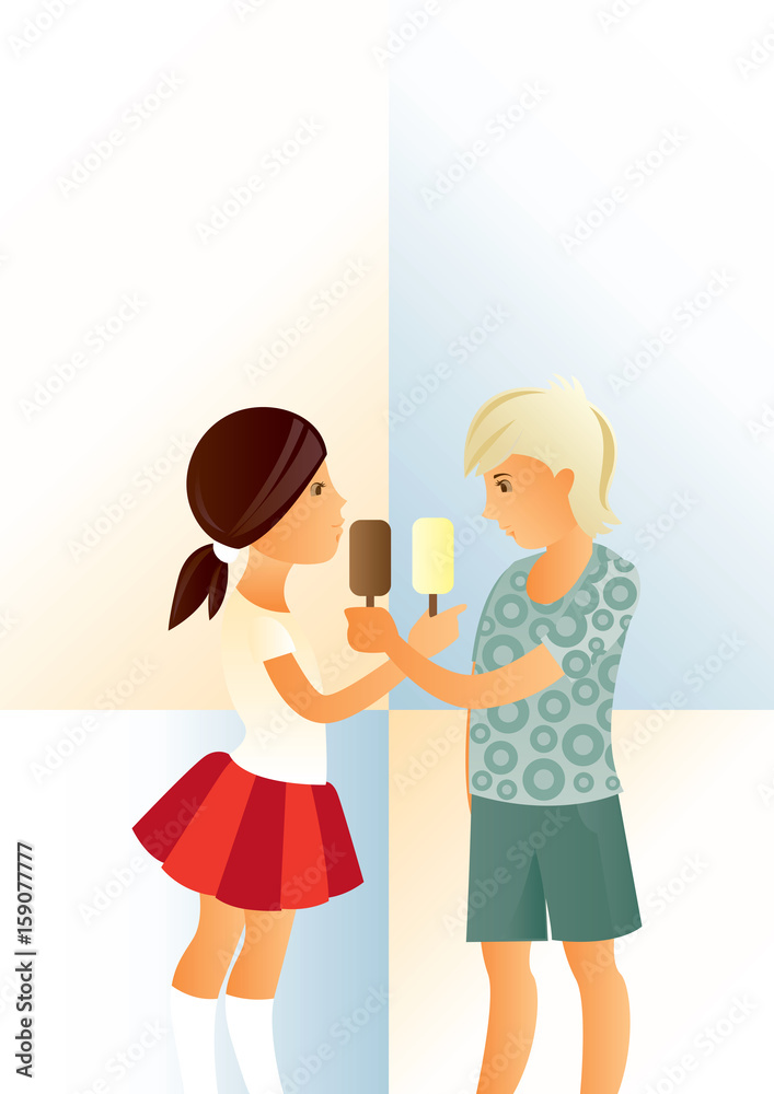 Sharing ice cream / Creative conceptual vector. Girl and boy sharing the ice cream. Sharing ice cream / Creative conceptual vector. Girl and boy sharing the ice cream.