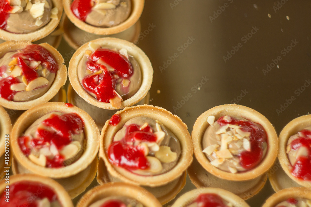 Canapes with chicken liver pate and raspberry jam with blank corner Canapes with chicken liver pate and raspberry jam with blank corner