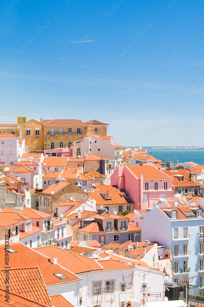     Aerial scenic view of central Lisbon Portugal with red tile roofs 