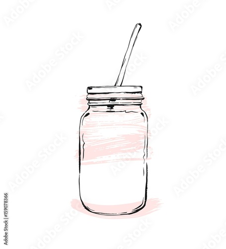 Hand drawn vector graphic Kitchen glassware utensils glass jar bowel drinking accessories isolated on white background with pastel colored freehand textures.