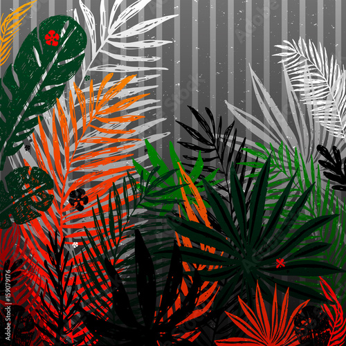 Multicolor trendy palm, tropical exotic leaves on a gray background. Vector b...