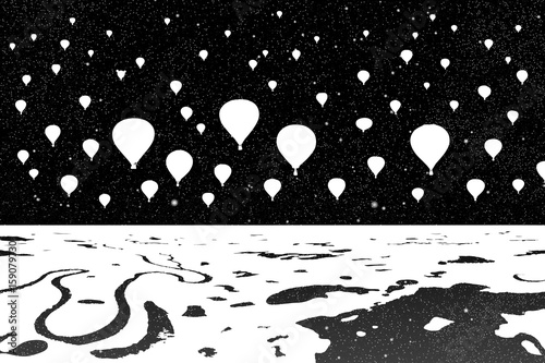 Air balloons flying in night. Vector illustration with silhouette of aerostats under starry sky. Landscape with rivers and lakes. Inverted black and white