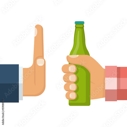 No alcohol. Man offers to drink holding a bottle of beer in hand. Stop alcohol. Hand gesture rejection. Vector illustration flat design. Isolated on background.