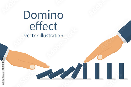 Domino effect concept. One man pushes the dominoes and second stops. Stopping chain reaction business solution. Successful intervention. Vector illustration flat design. Isolated on white background.