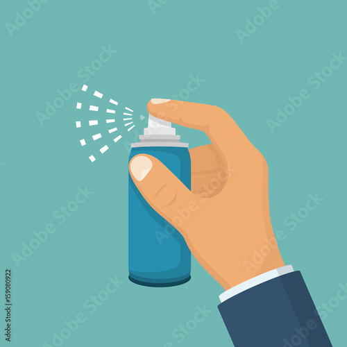 Spray in hand. Spray bottle. Spray canister hold man isolated on white background. Vector illustration flat design. Template for different gases, mixture, liquid.