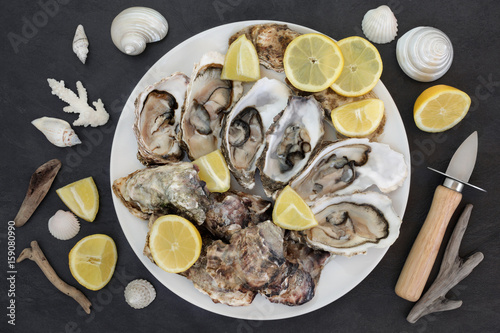 Oysters with oyster knife, lemon fruit, shells and driftwood on slate. 