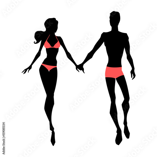 Silhouette of the walking couple. In swimwears. Vector illustration.