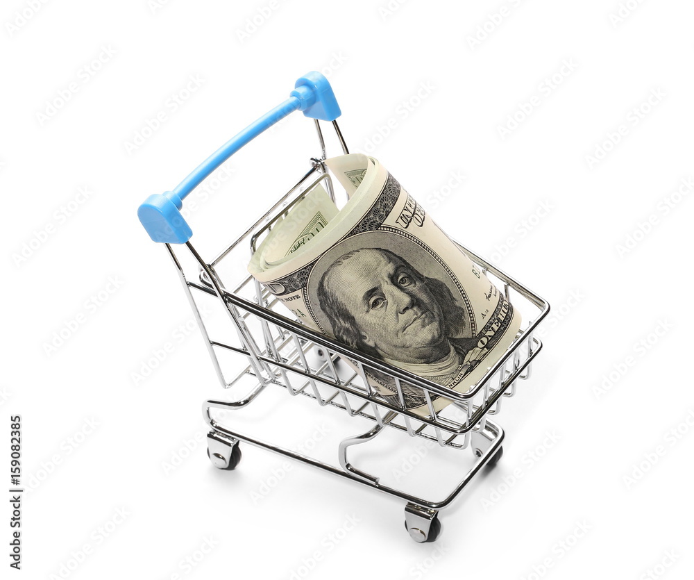 Shopping cart with money in it, isolated on white background