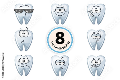 Set cartoon tooth smiley satisfaction, self-confidence, surpride, grin, oh suspiction glasses anger