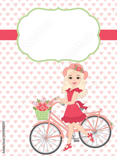 Vector Card Template with a Beautiful Girl and Bicycle on Hearts Background.  photo