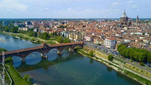 Aerial video shooting with drone on Pavia  famous Lombardia city near the Ticino river in northern Italy