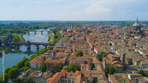 Aerial video shooting with drone on Pavia, famous Lombardia city near the Ticino river in northern Italy
