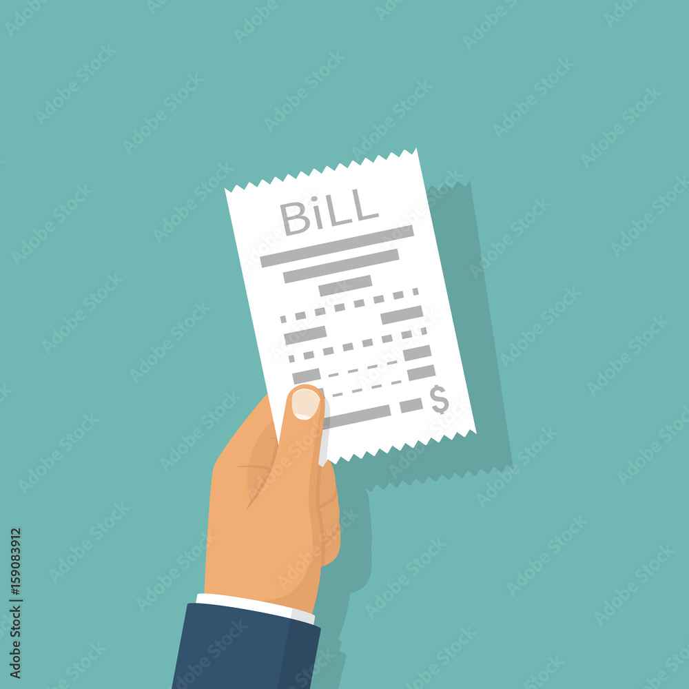 Man paying bill. Hold in hand receipt. Payment of utility, bank, restaurant. Concept business finance. Vector illustration flat design. Report finance, invoice, expenses. Man paying bill. Hold in hand receipt. Payment of utility, bank, restaurant. Concept business finance. Vector illustration flat design. Report finance, invoice, expenses.