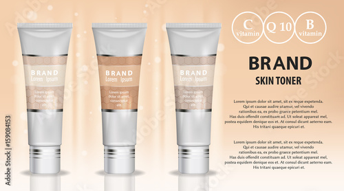 Skin toner cosmetic products ad. Vector 3d illustration. Skin cream bottle template design. Face and body make up tone cream