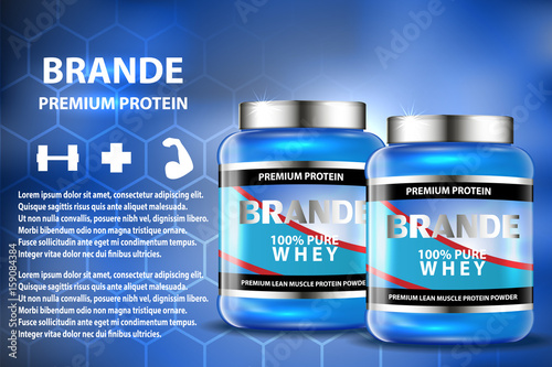 Sport nutrition product containers ad. Weight gainers set. Whey protein bottles. 3D vector product packaging. Jars of bodybuilding food supplements