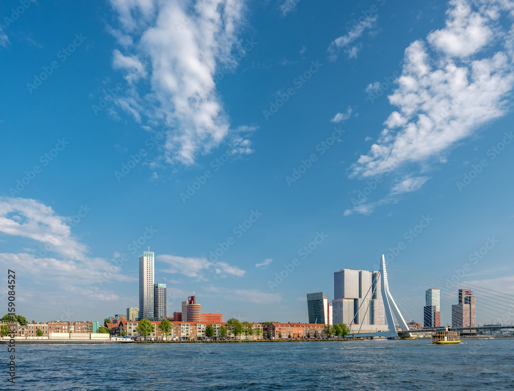 Fototapeta premium Rotterdam city cityscape skyline with Erasmus bridge and river. South Holland, Netherlands.