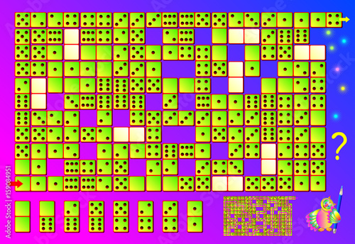 Logic puzzle game with labyrinth. Need to find the correct place for remaining dominoes and draw the way for from start till end. Vector image.
