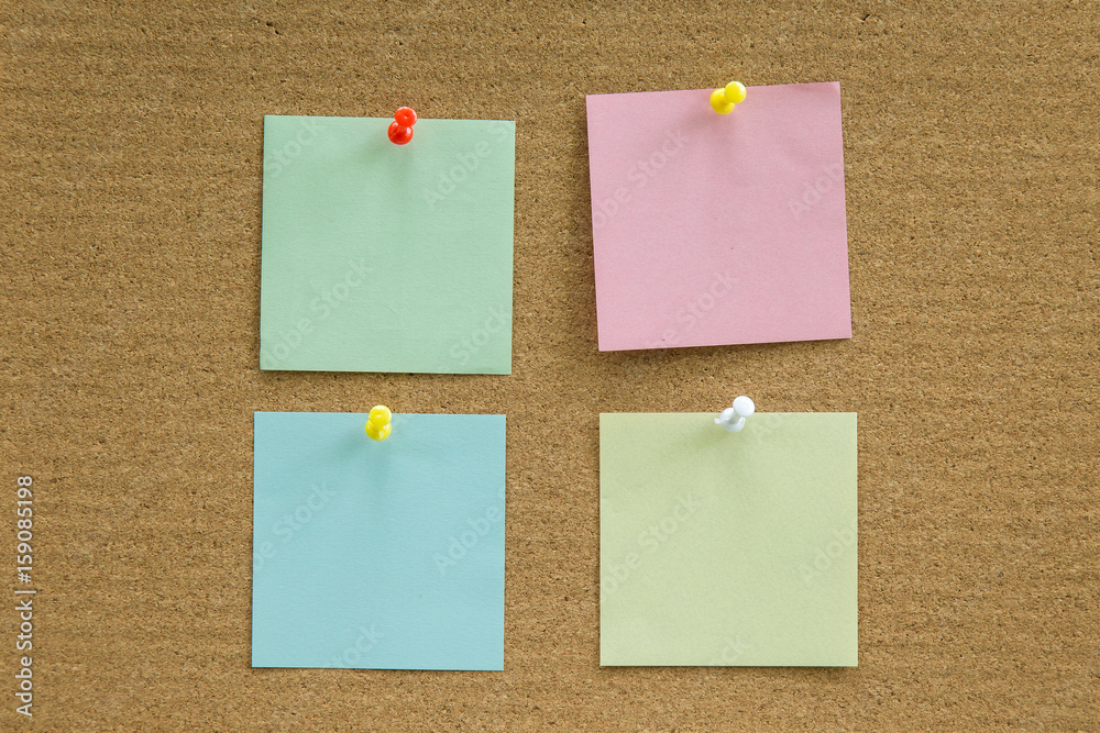 Cork board with blank paper notes for add text message. Cork board with blank paper notes for add text message.