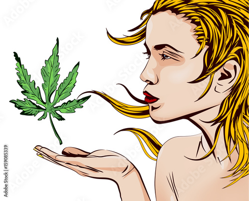 Design vector template with sexy lady and cannabis leafs