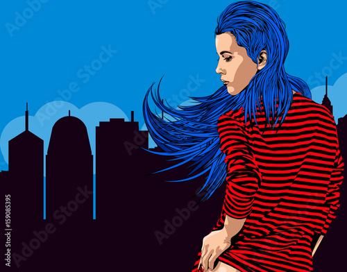 Woman near window with view on the night city. Long red hair. Vector image.