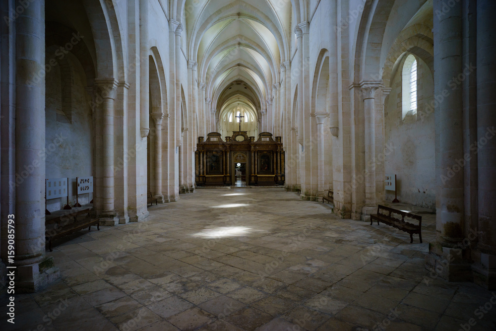 F, Burgund, Zisterzienserabtei Pontigny, Innenraum, mächtige, lange Säulenhalle im Seitenschiff