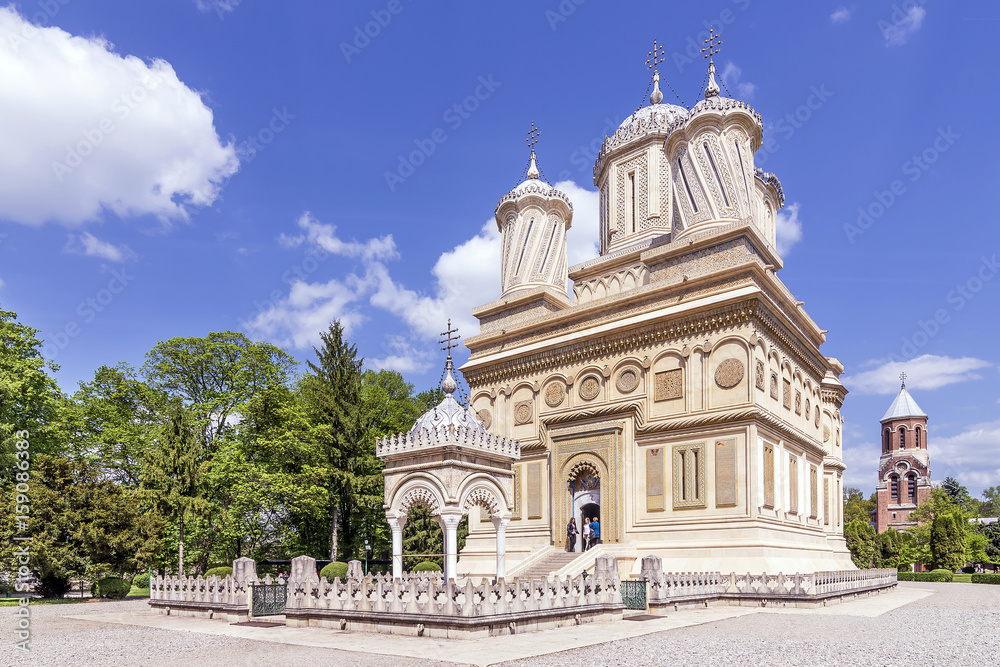 Beautiful view of the Curtea de Arges Monastery and Cathedral on a sunny day, Romania