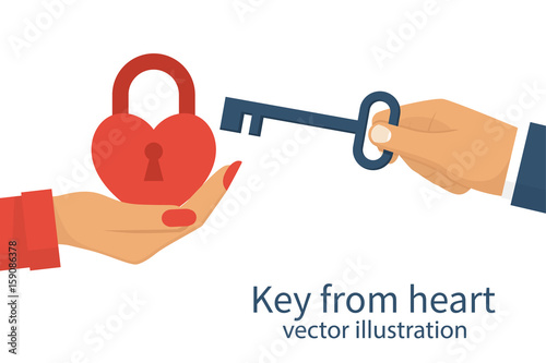 Key from heart. Woman holding a closed red padlock in the form of a heart. Vector illustration flat design. Isolated on white background. Old key is in the man's hand.
