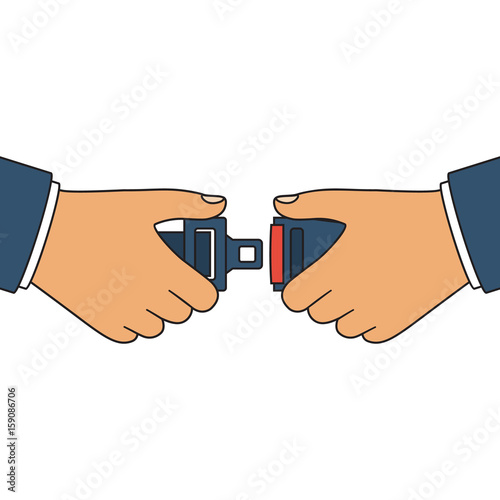Safety First concept. Seat Belt. Man fasten buckle hands. Safety of movement on car, airplane. Vector illustration flat line design. Isolated on white background. Protection driver and passengers.