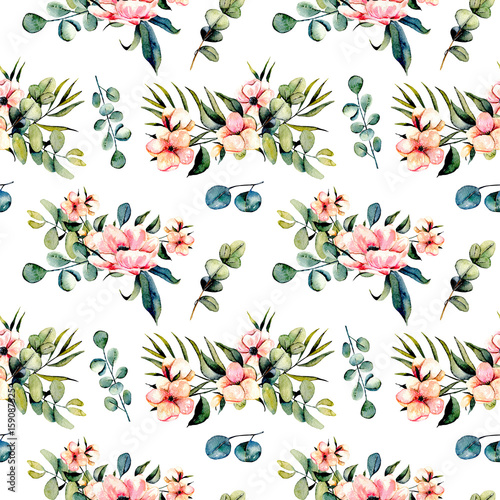 Foto Seamless floral pattern with watercolor pink flowers and eucalyptus branches bou