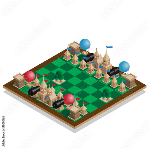 Game set. Stylized chess pieces on the board. Isometric. Vector illustration.