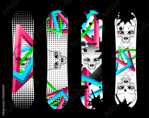 Vector illustration snowboard design collection with skull and halftone elements.