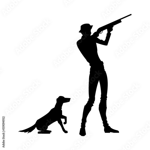 Silhouettes hunter with dog. Vector illustration.